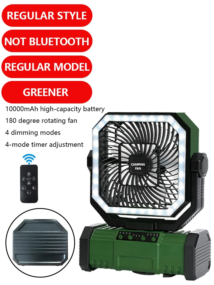 4-in-1 Multifunctional Fan with LED Light USB Outdoor Power Bank And Bluetooth Speaker—Ideal For Outdoor Camping And A Desk Fan Vue green