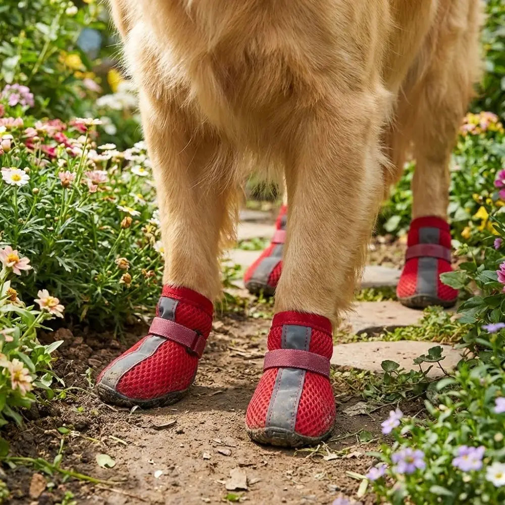 4PCS/SET Non-slip Mesh Dog Shoes Breathable Wear-resistant Pet Booties Reflective Stripe Hook-and-loop Strap Pet Paw Protector Vue