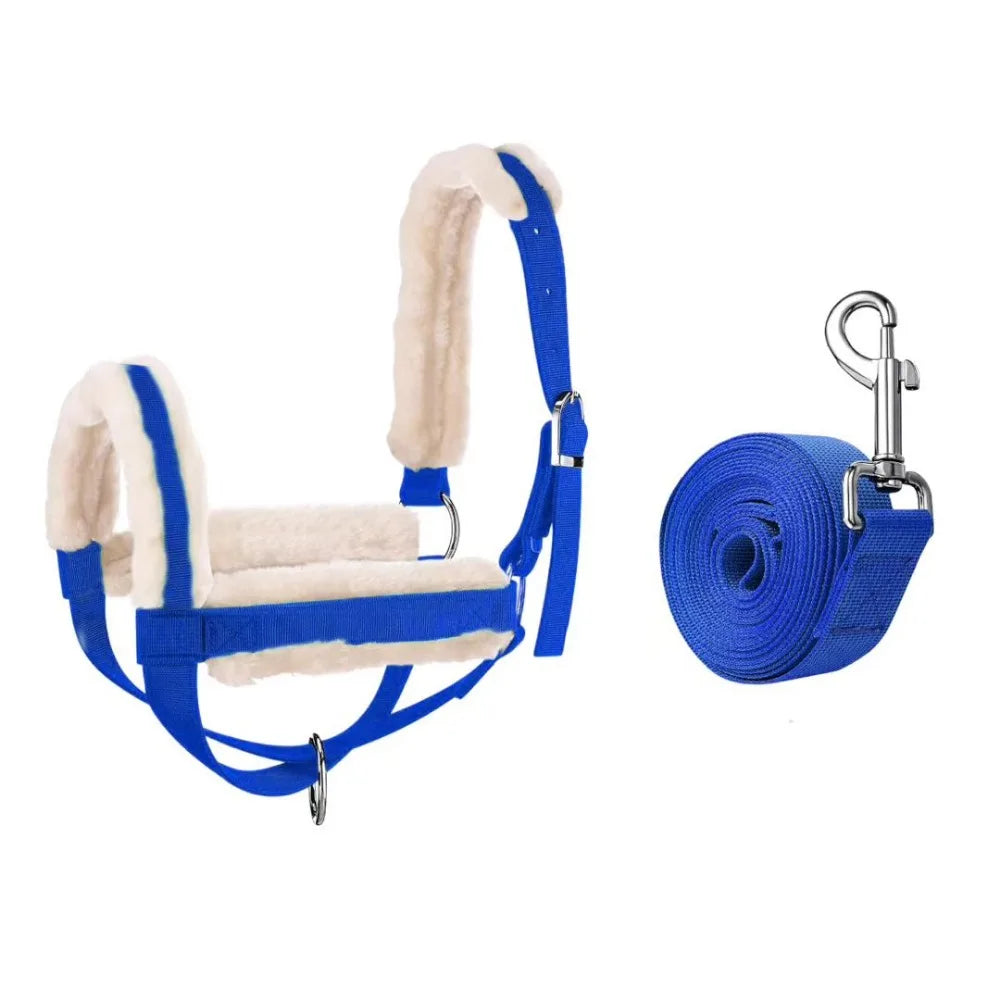 Plush Nylon Cow Halter Adjustable Fleece-lined Halter Lead Rope Set Durable Comfortable Animal Training Harness Daily Handling Vue Blue-S