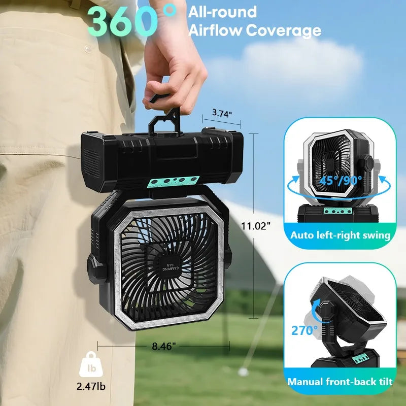 Portable Camping Fan 3-in-1 20000mAh Rechargeable Battery Powered Fan with Light Remote & Hook for Outdoor Travel Camping Tent Vue