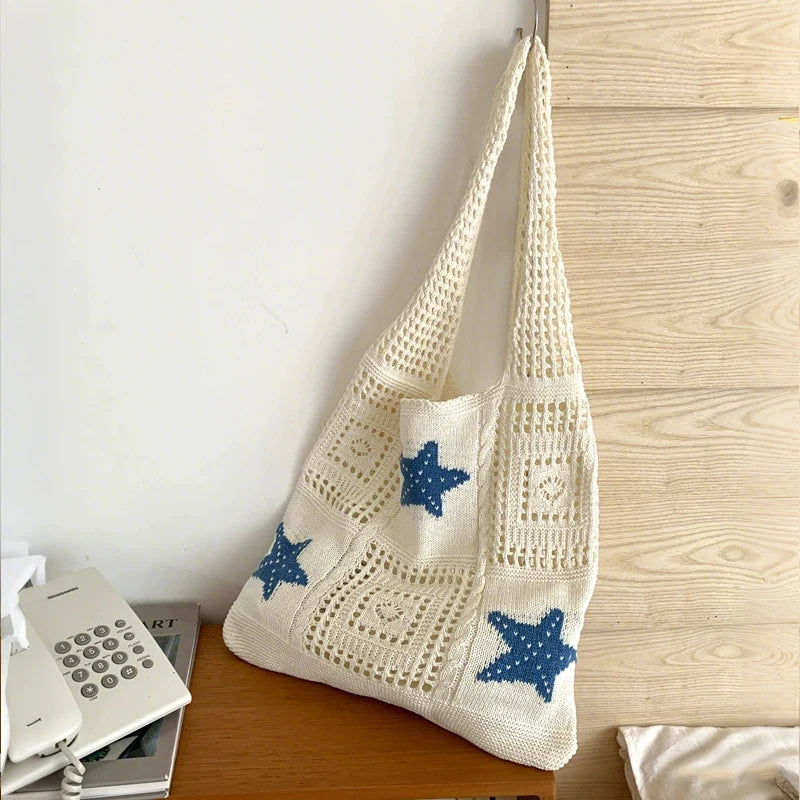 Women Stylish Turtle Cherry Pattern Crochet Tote Bag Large Capacity Vue b-bluestarfish