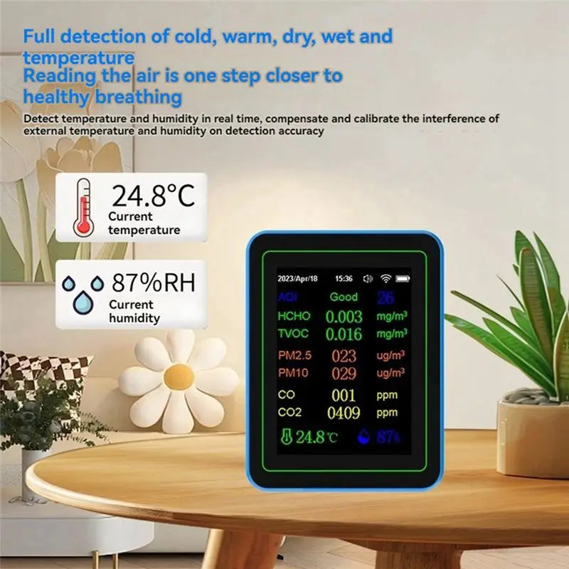 ABKW-Tuya Wifi 12 In 1 Air Quality Monitor Multifunction PM2.5 AQI PM1O HCHO TVOC CO CO2 Screen Display Air Detector Vue