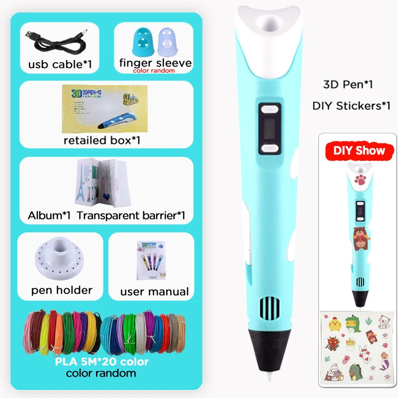 3D Printing Pen Kids PLA 40 Colors 1.75mm PLA Filaments Children 3D Doodle Pen DIY Drawing Pens Boys Girls Birthday Gifts Vue blue pen add 100M PLA Filagment