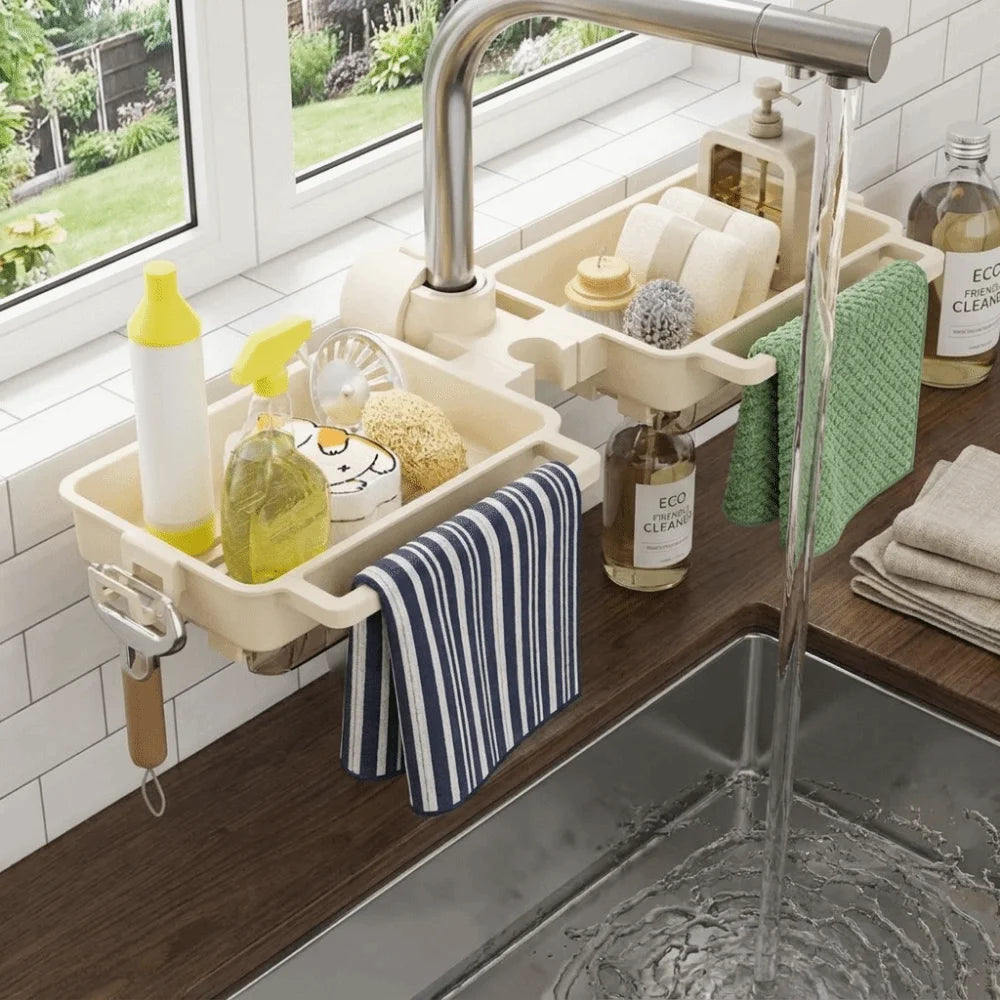 Practical Plastic Sink Drain Rack Adjustable Large Capacity Faucet Drain Rack Hanging Space Saving Soap Drainer for Kitchen Vue