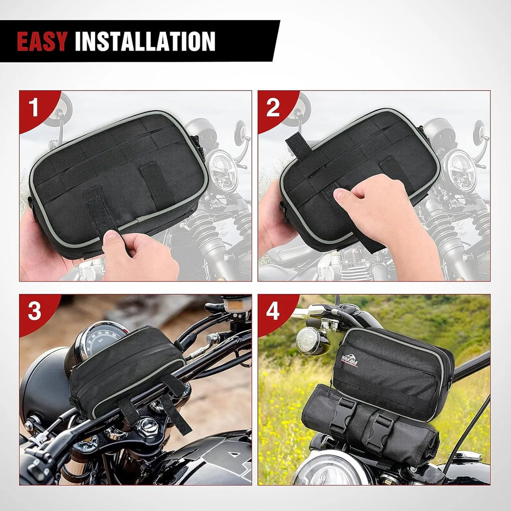 Nilight Motorcycle Handlebar Bag, Universal Front Fork Tool Bag, Waterproof PU Leather Sissy Bar Storage Bag for Harley Cruiser Softail Dyna Sportster, Black Vue