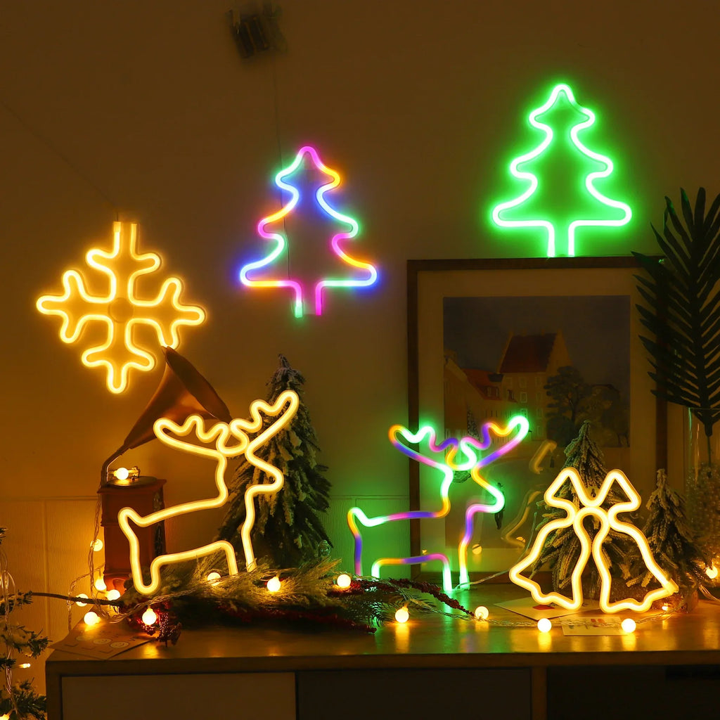 LED Christmas Socks Neon Sign Light Lamp Colorful Wall Lights Hat Bells Christmas Tree Snowflake Elk Ornaments Decor Room Party Vue