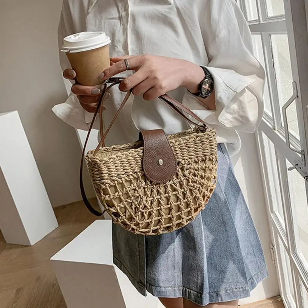 Women Summer Straw Bag Fashion Messenger Handbag Semicircle Crossbody