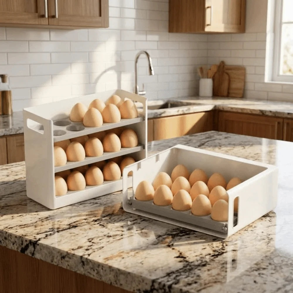 30 Grids 3 Tiers Egg Storage Box Anti-drop Large Capacity Flip-top Egg Storage Box Space Saving Plastic Egg Storage Tray Vue