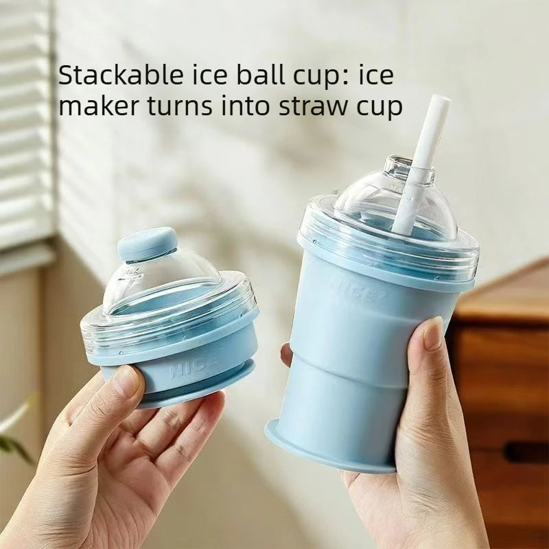 Portable Foldable Ice Ball Cup with Straw Food Grade Silicone Ice Mold for Whiskey Cocktails Reusable Summer Travel Water Bottle Vue