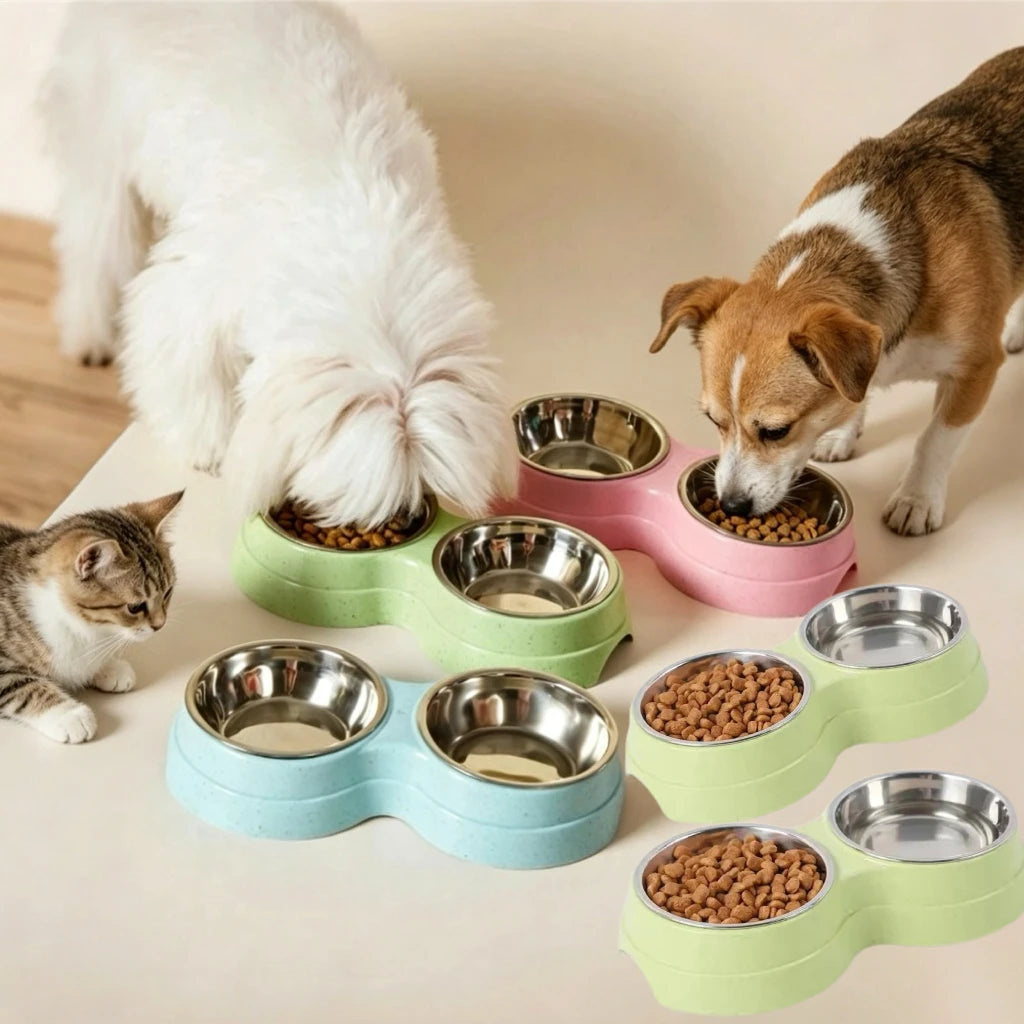 2-in-1Cat Dog Drinking Feeding Bowl Colorful Wheat Straw Base Stainless Steel Pet Tableware Healthy Safe Double Bowl Feeding Set Vue