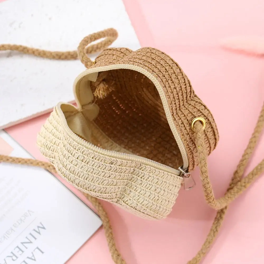 Woven Straw Shoulder Bags Flower Cute Coin Purse Lightweight Travel