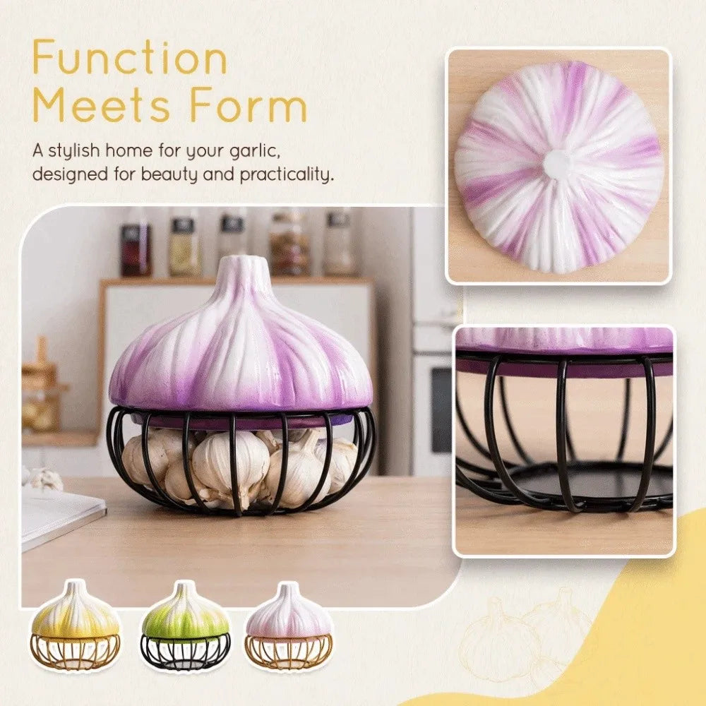 Practical Iron Garlic Shape Storage Basket Ceramic Space Saving Garlic Ginger Basket Egg Storage Vegetables Organizer Kitchen Vue