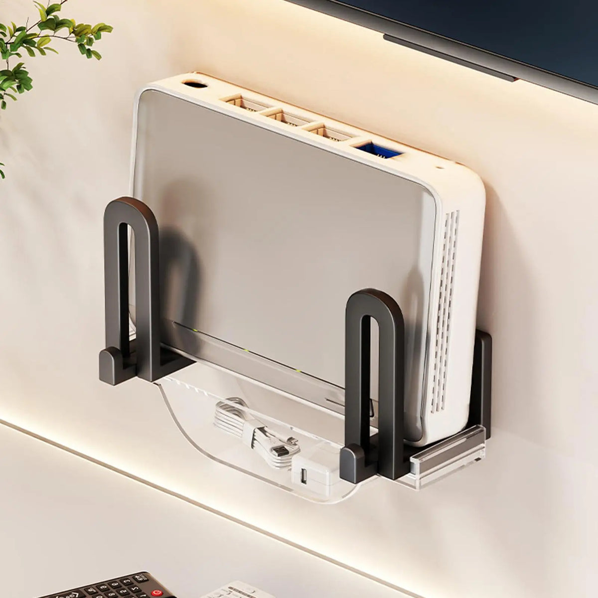 Drill Free Adjustable Floating Carbon Steel Router Wall Mount Organizer for TV Box Cable Modem Media Players Home Office Vue
