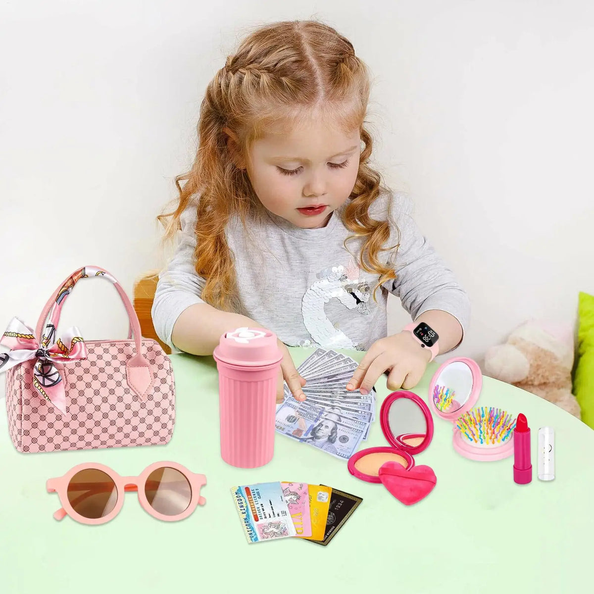 Play Purse for Little Girls, 3 to 6 years old Toddler Purse with Pretend Makeup for Young, Princess Toys Includes Handbag, Phone Vue