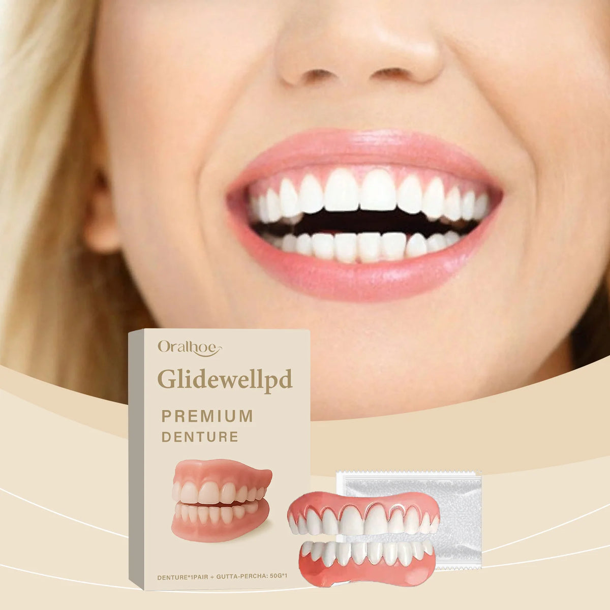 Over Gums Soft Silicone Dentures Full Set - enhances dental aesthetics, improves smile, denture care set Vue