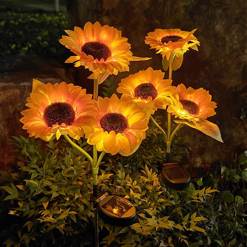 3-head Sunflower Solar-Powered LED Yard Lights Garden Decor Lamp Waterproof Outdoor Floral Ambiance Lawn Lighting Vue