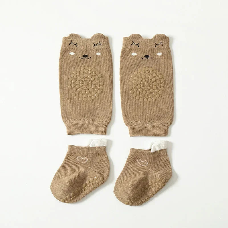 Kid Crawling Pads Socks Set Summer Baby KneeCartoon Anti-slip Socks Safety Floor Socks Kneecap Walking Protector for Girls Boys Vue B351 -dark khaki M 1-3Y 12-14cm