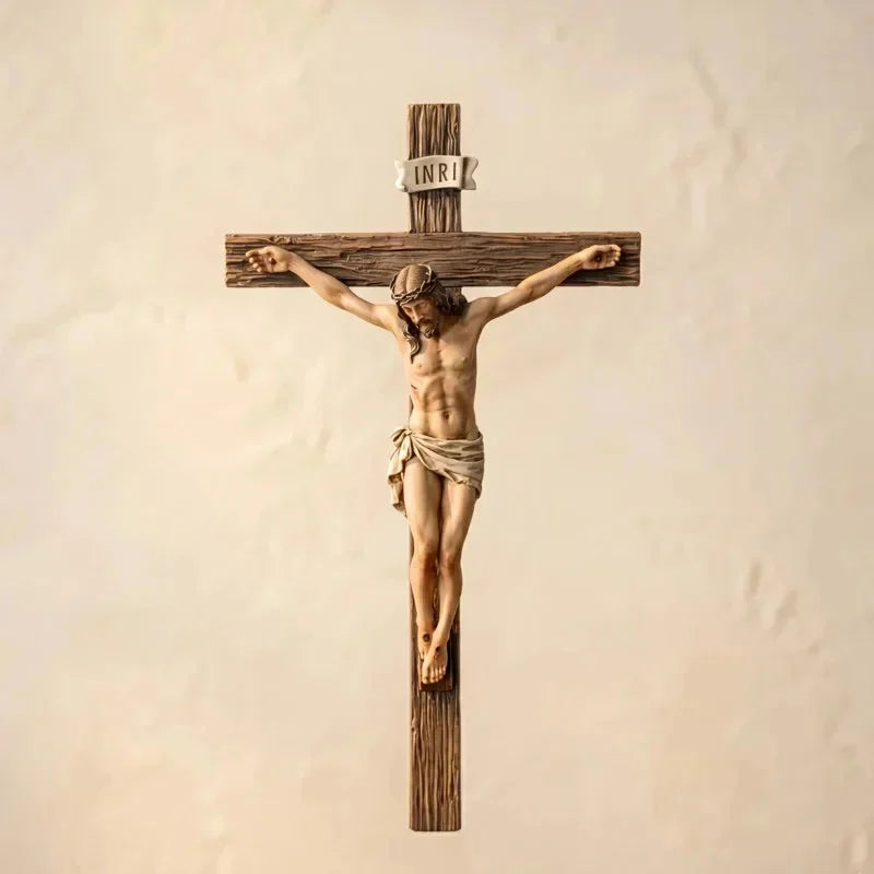 Retro Crucifix Resin Sculpture Jesus Cross Statue Religious Belief Figurine Home Chapel Bedroom Church Decor Christian Souvenir Vue