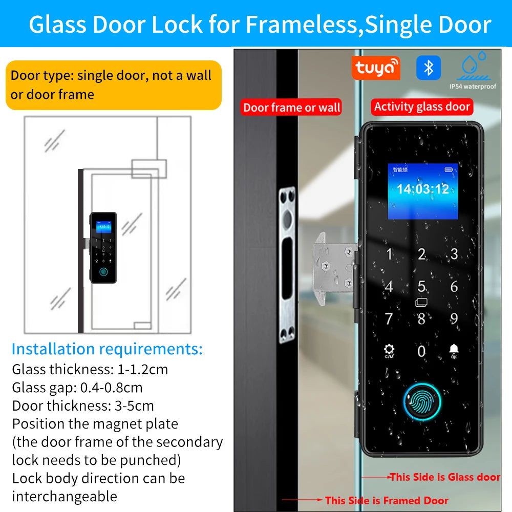 IP54 Waterproof Bluetooth Fingerprint Electronic Glass Door Lock Supports Remote Control and Tuya App Smart Door Lock Vue KB180SJ-1-frameless