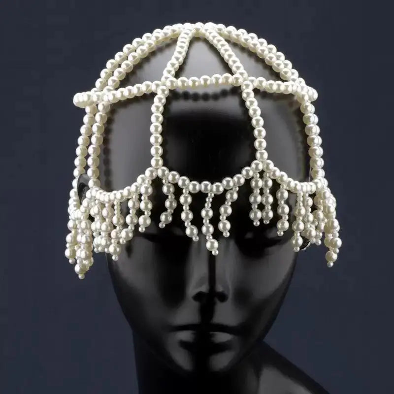 European And American New Style Woven Pearl Tassel Hat Chain Bridal Temperament High-end Versatile Hair Accessories Vue 01