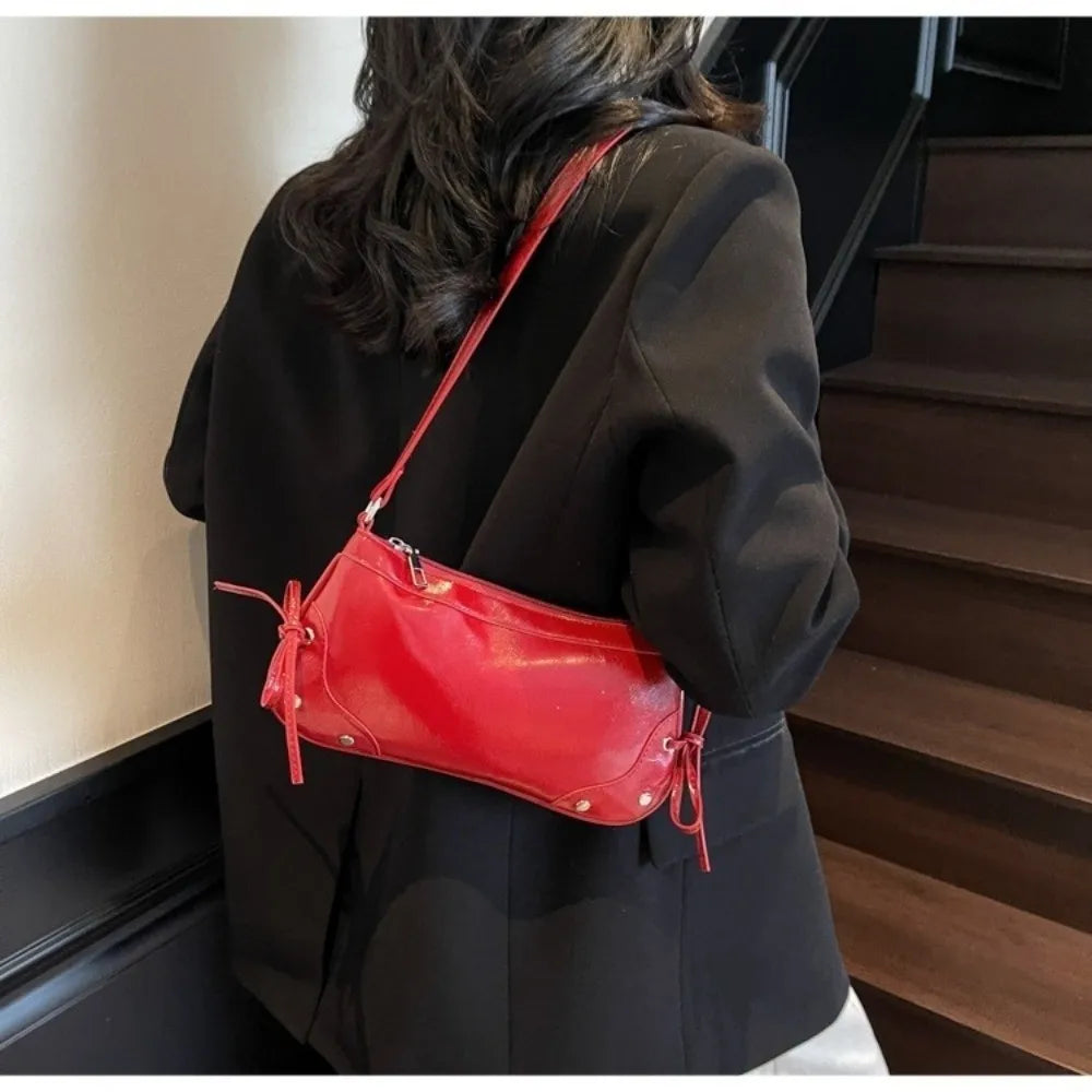 PU Leather Shoulder Bag Solid Bow Tie Decor Armpit Y2K Handbag Women