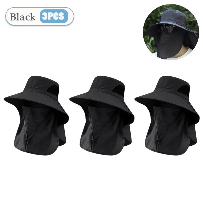 Men‘s Outdoor Fishing Sun Hat with Mosquito Net Face Veil Neck Flap Summer UV Protection Wide Brim Fisherman Cap Vue Black-3PCS
