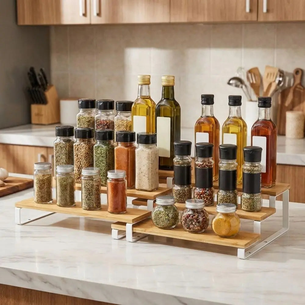 Bamboo 3 Tier Spice Rack Detachable Large Capacity Expandable Step Storage Rack Space Saving Model Display Stand For Kitchen Vue