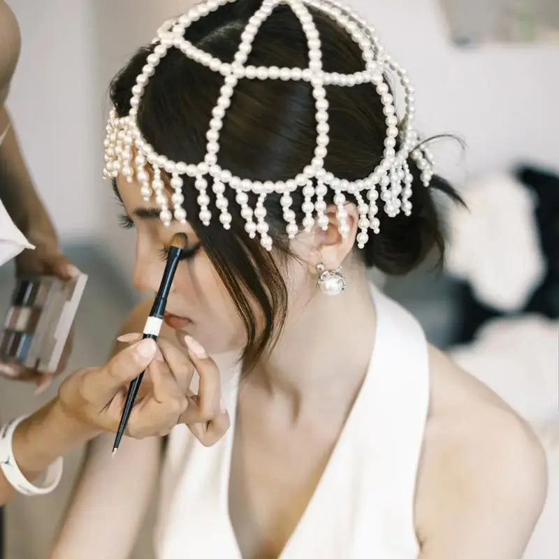European And American New Style Woven Pearl Tassel Hat Chain Bridal Temperament High-end Versatile Hair Accessories Vue