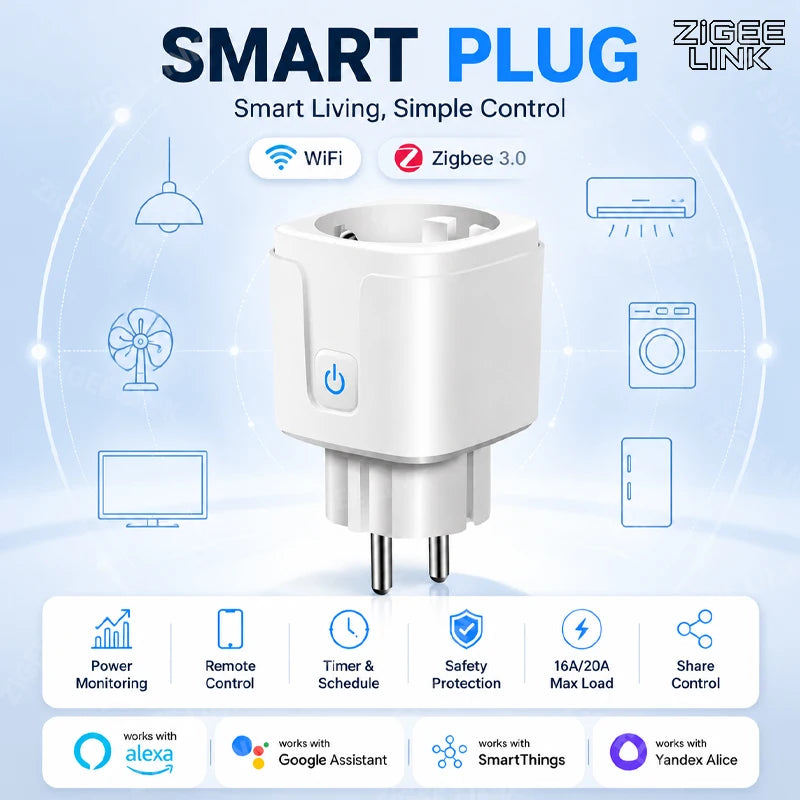 WiFi Zigbee3.0 EU Smart Plug Wireless Remote Control Outlet Real-Time Energy Data Monitor Timing Compatible Tuya Smart Life Vue