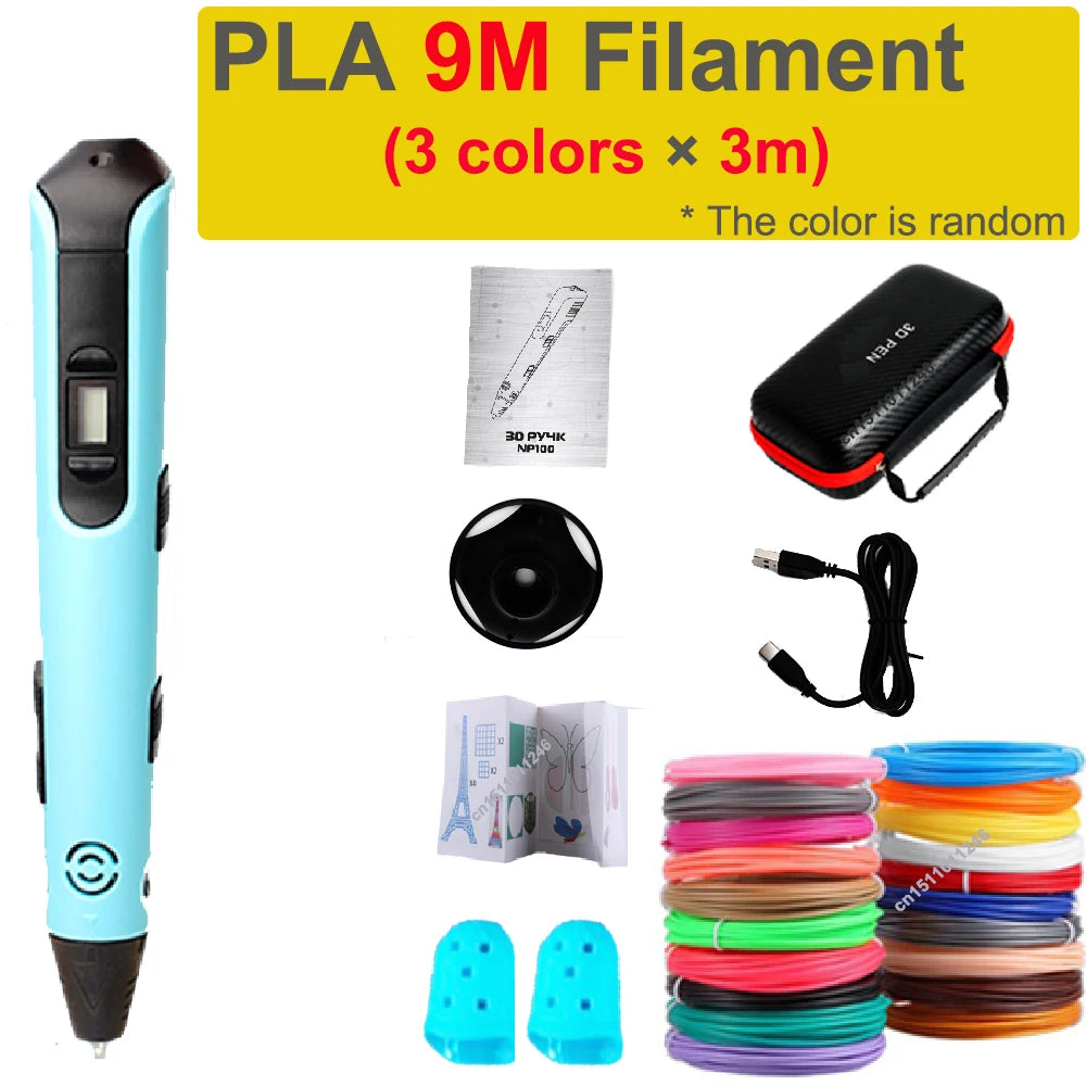 Children's 3D Pen with LCD Screen Type C Cable 1.75mm PLA Filament DIY Drawing Kids 3D Printing Pen Boys Girls Birthday Gift Vue Blue with 9M PLA