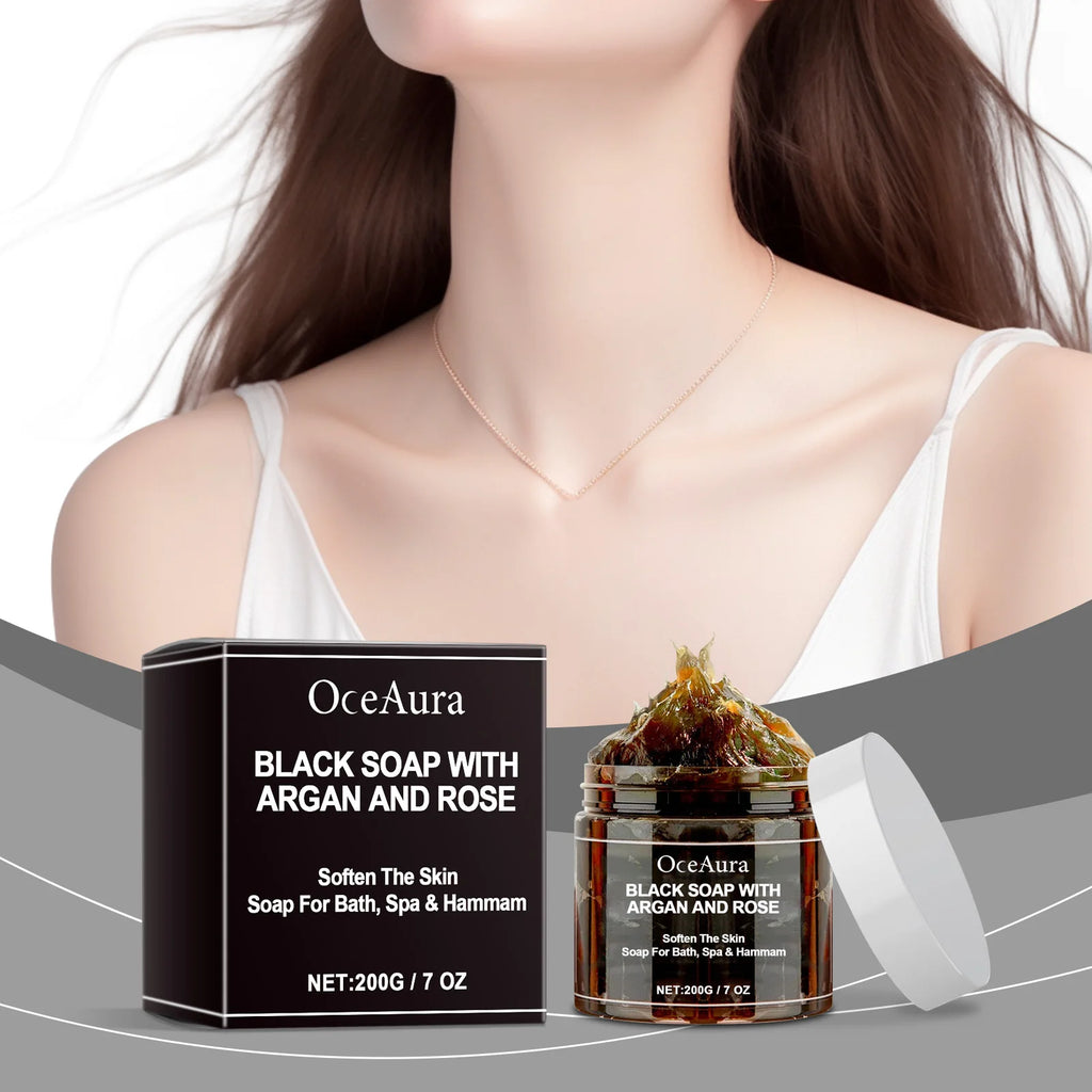 OCEAURA Black Soap With Argan And Rose lack Beldi Soap Ideal For Dead Skin Remover Body Scrub Purifying Deep Cleansing 200g/7 Oz Vue