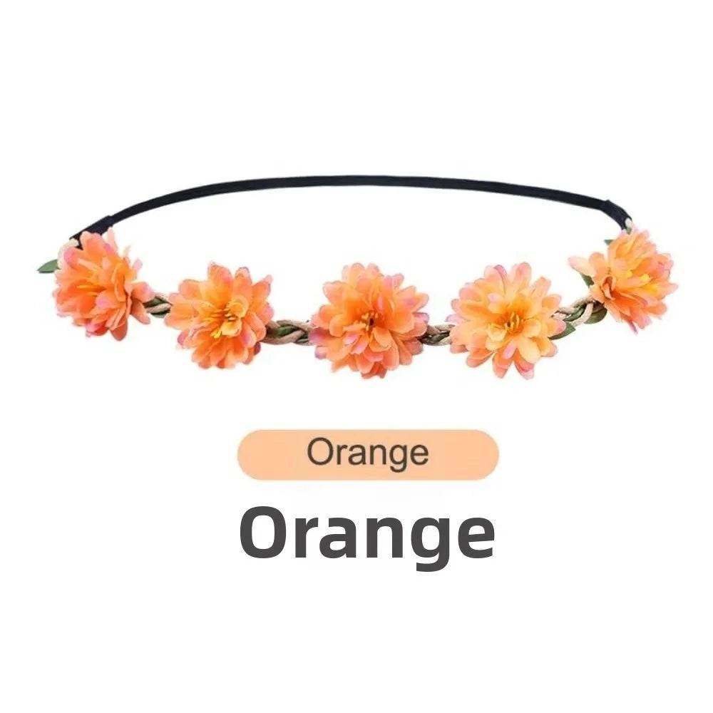 Pink Rose Floral Wreath Crown Hand Woven Vintage Elegant Flower Crown Adjustable Ribbon Silk Flower Hair Loop for Bridal Wedding Vue Orange