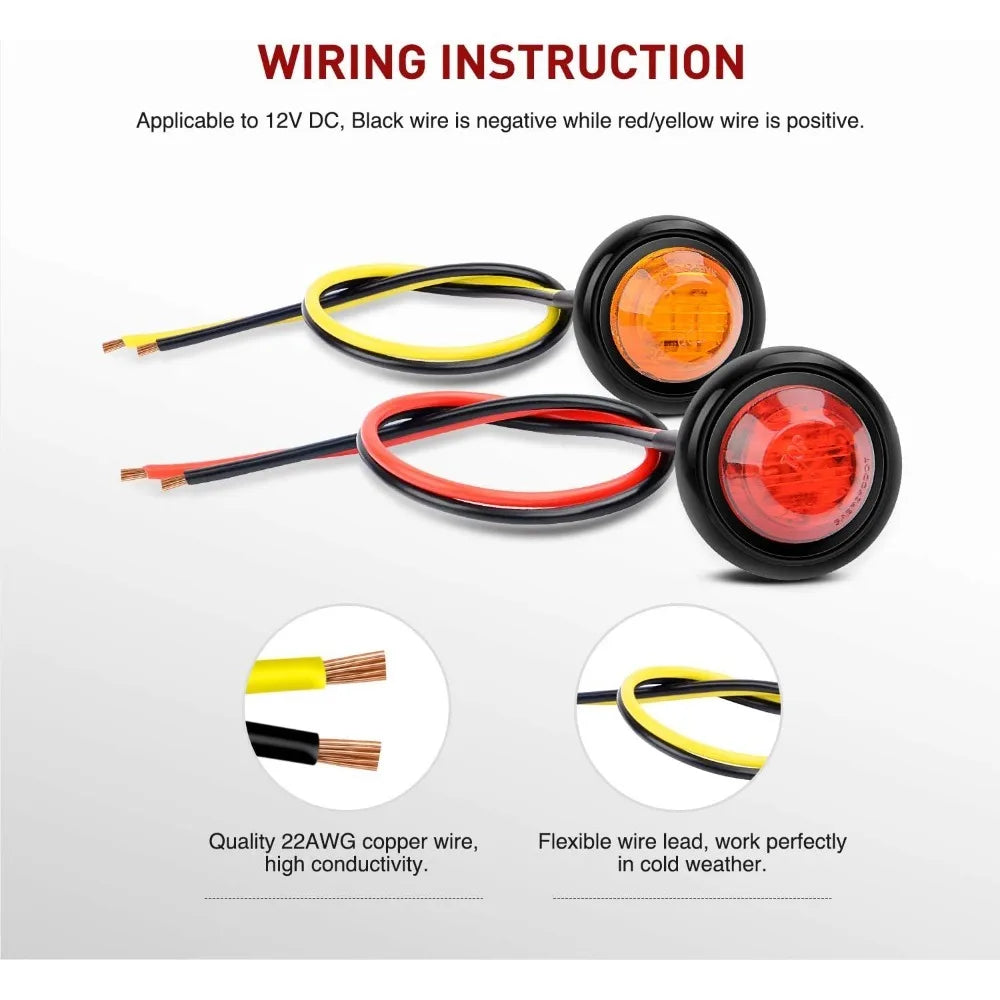 10Pcs 3/4 inch Amber Red Round LED Marker Lights Universal LED Side Marker Light Waterproof 12/24V Truck Trailer Position Lamp Vue
