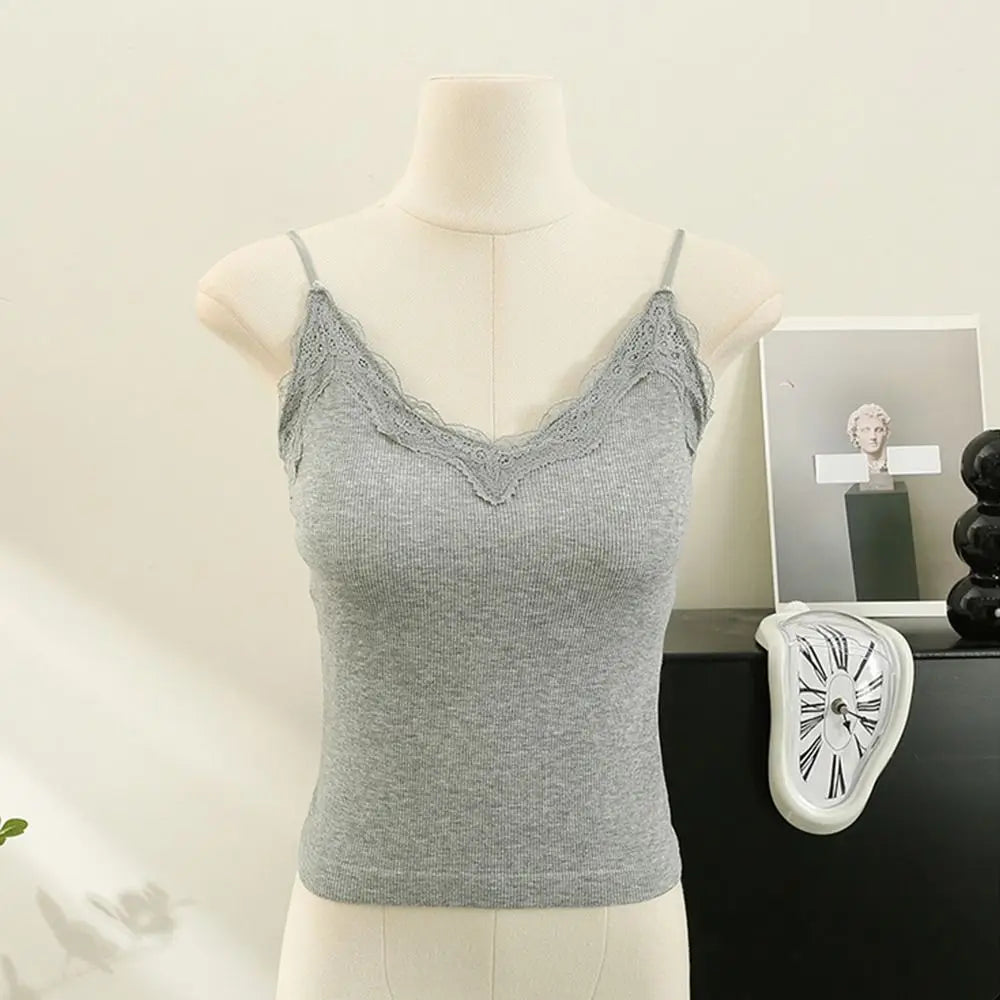 Fashion Breathable Lace Camisole Strap Bra Solid Crop Sexy Wire-free Vue Grey S
