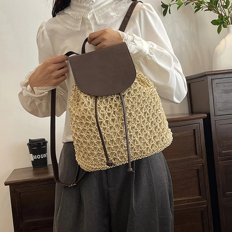 Vintage Straw Backpack Women's Fashion Shoulder Bag Versatile Woven