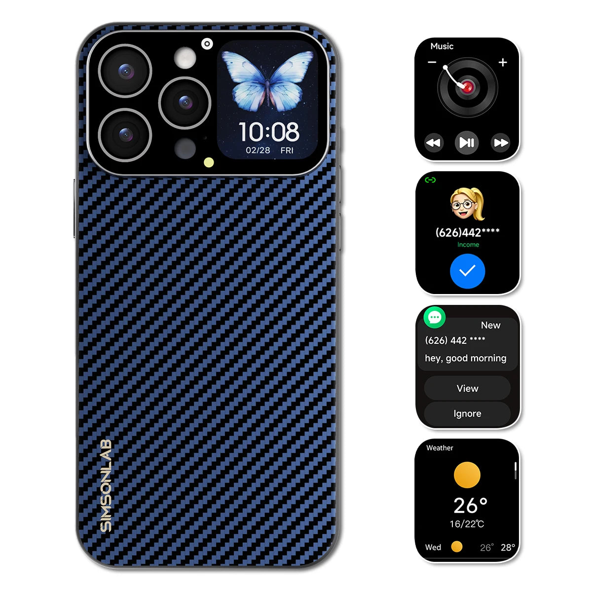 2025 Smart Phone Case with 1.83'' Window Screen Selfie Preview Custom Photo/Video Background Message Push for Apple iPhone Gift Vue blackblue for iPhone 13 PM