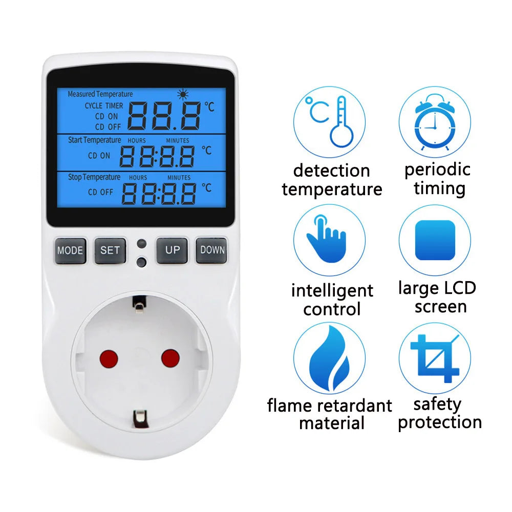 EU/US/UK/AU/FR 3680W Thermostat Temperature Controller LCD Backlit Digital Thermostat Heating Cooling Control Mode Plug in Timer Vue
