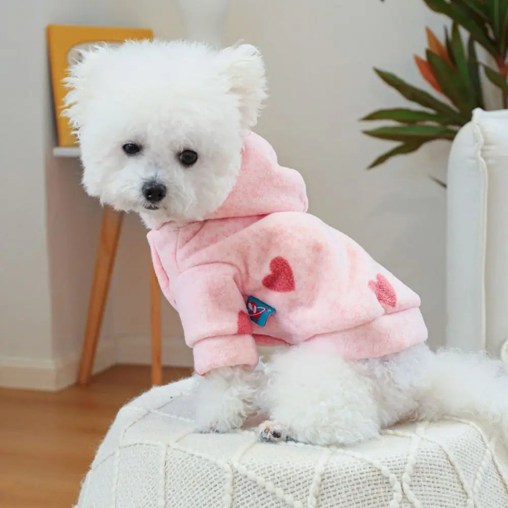 Cute Pink Heart Hooded Pet Sweatshirt Super Soft Pink Heart Print Dog Hooded Jacket Breathable Insulated Vue