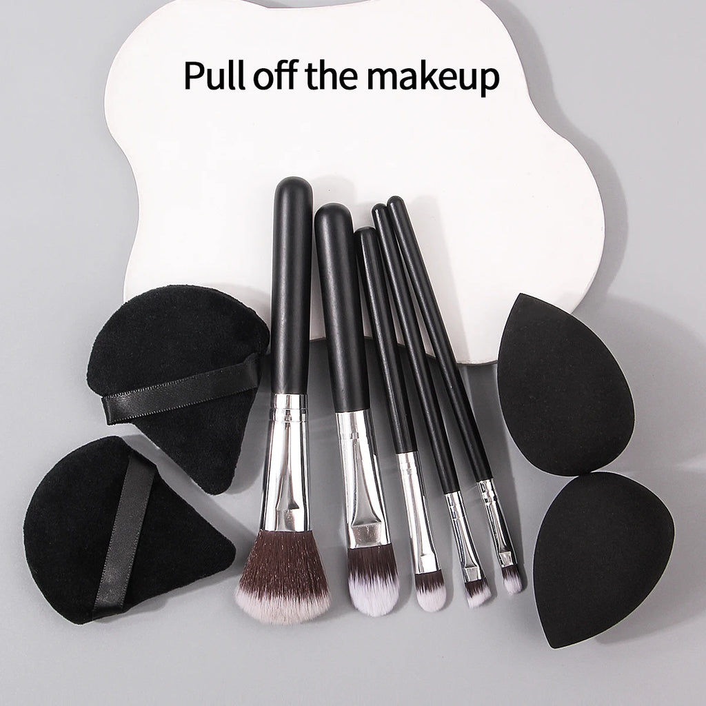 9PCS Makeup brush set, loose powder brush, eyeshadow brush, makeup set brush + non-sticking powder sponge egg powder puff Vue black