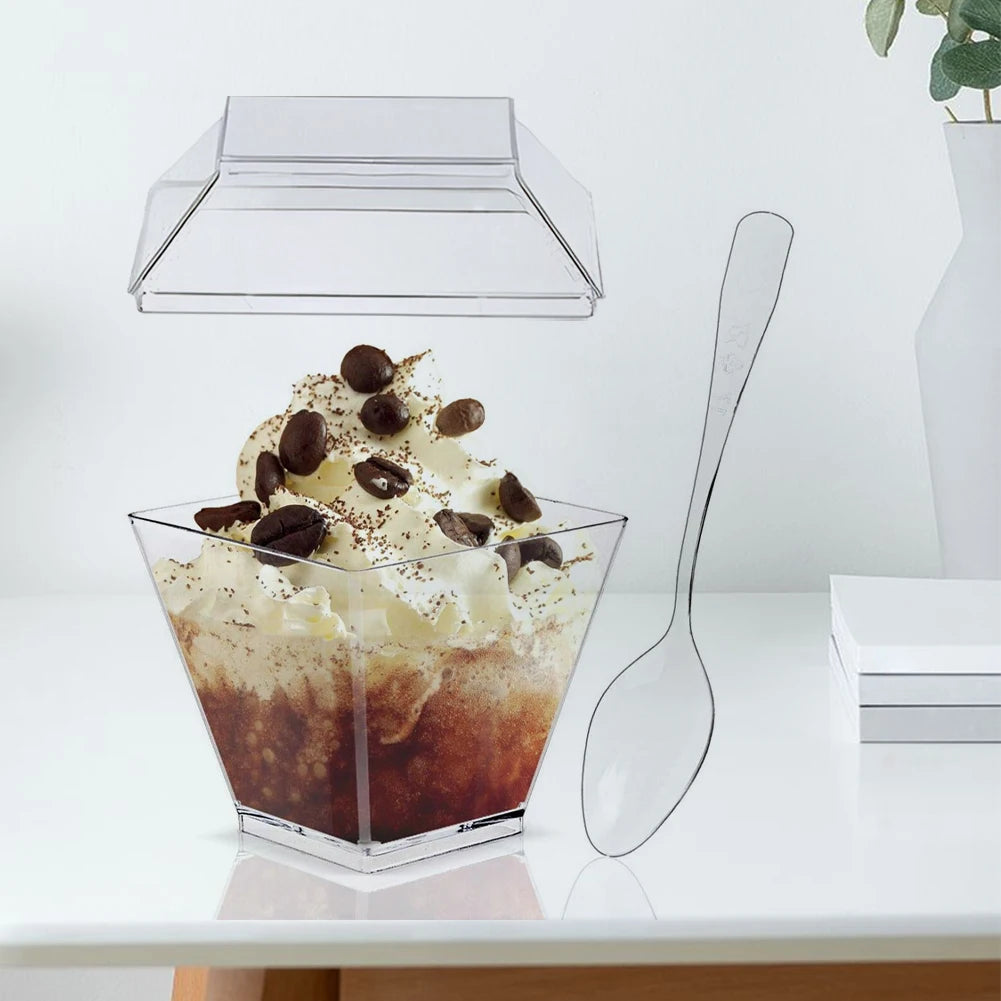60ml Mini Parfait Cups with Lids & Spoons – 50/100 Pack Mini Dessert Cups Vue
