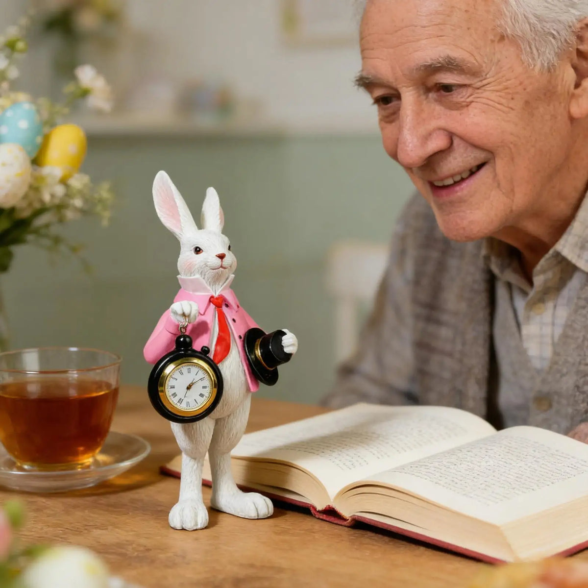 9x9x21cm Cute resin Easter Bunny Figurine with Clock & Top Hat Mini Decor for Bedroom Office Farmhouse School Home Living Room Vue