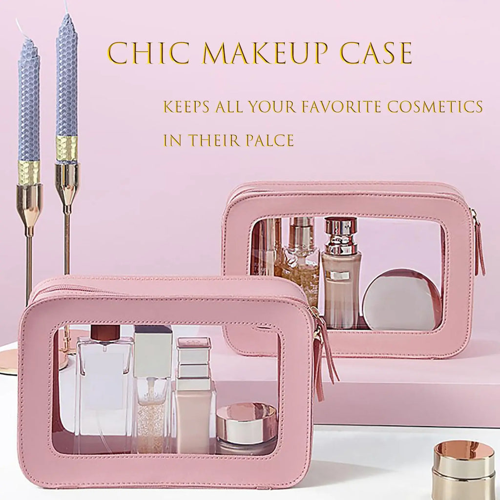 Clear and Waterproof Makeup Bag Portable Travel Cosmetic Case Organizer for Women Toiletry Pouch with Transparent Vinyl Windows Vue