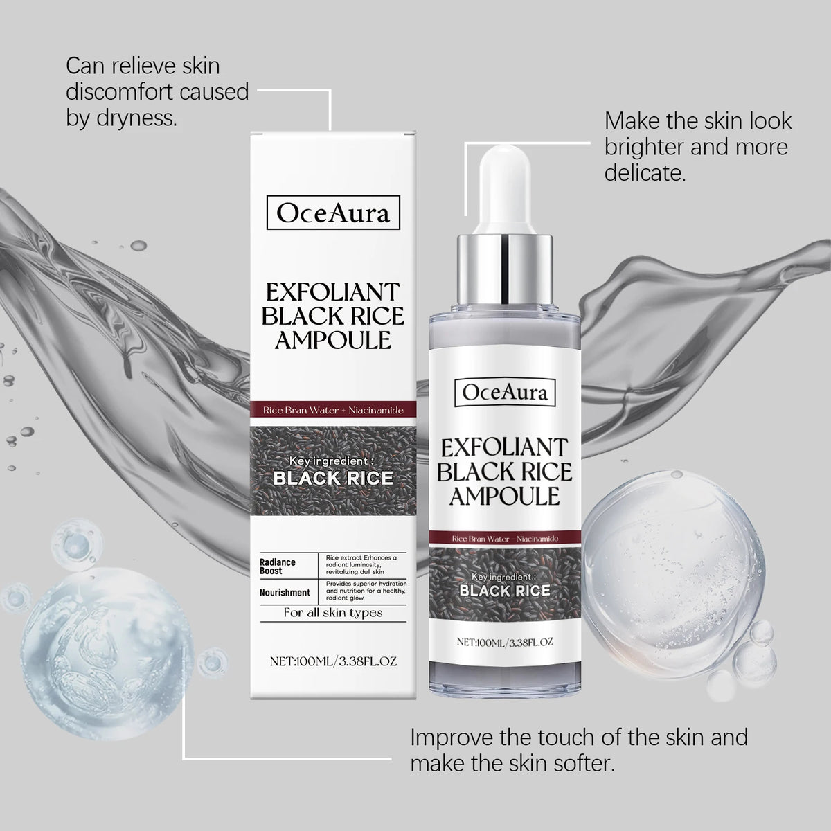 Black Rice Exfoliating Serum - Gentle Hydrating Brightening Facial Cleanser, Skin Softening Ampoule, Face Exfoliator & Essence Vue