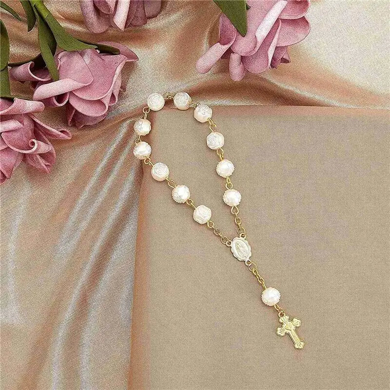 ABKW-40Pcs Baptism Favors With Cross Mini Rosaries Acrylic Beads Bracelet Christening Communion Finger Rosarie Bracelet Vue