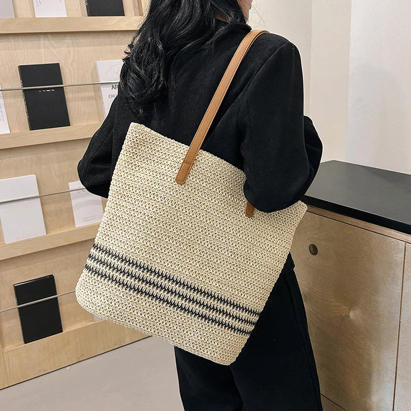Designer Striped Straw Shoulder Bag Female Fashion Large Capacity