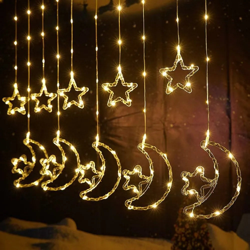 1PC 3M USB Moon&Star Curtain Light with Remote Control,8 Lighting Modes,Suitable for Room,Party and Ramadan Decoration Vue