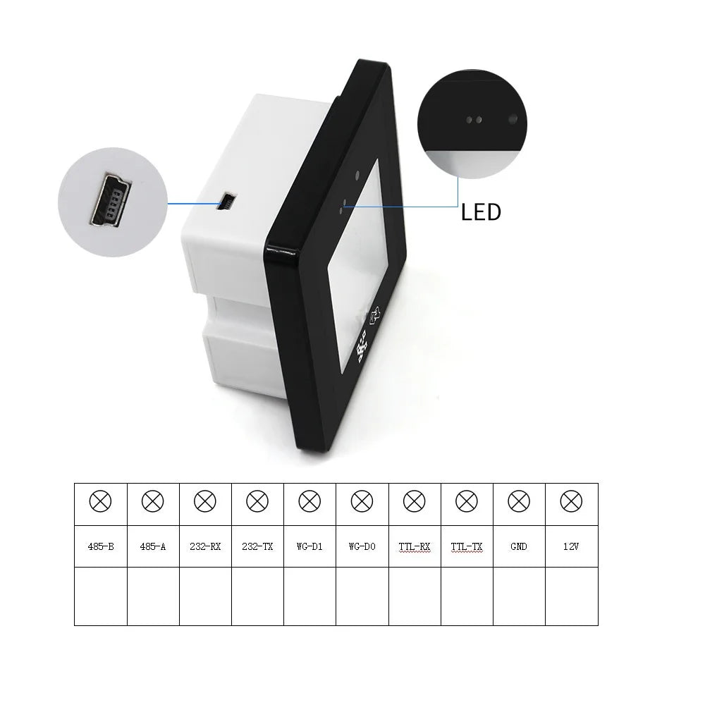 RFID Barcode 2D QR Code Reader Wiegand USB RS232 TTL RS485 Access Control Reader Vue