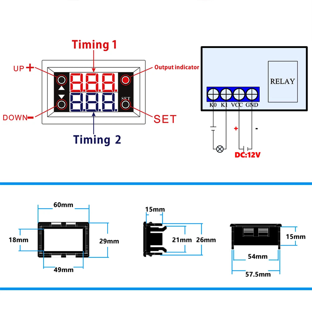 DC 12V 20A Digital Timer Relay Module | 0–999s/min/hr Dual Display Timer Relay Module Vue