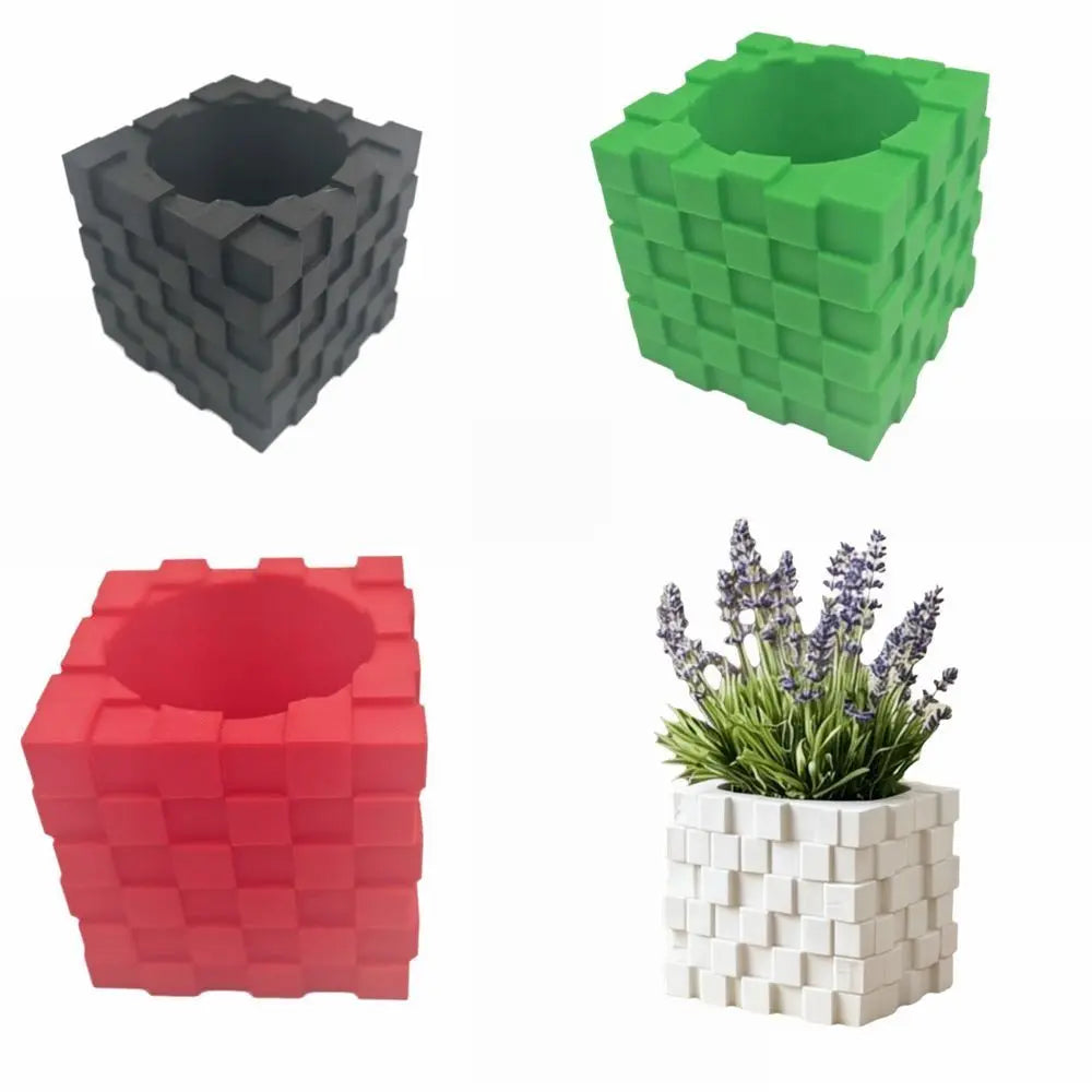 3D Printed Cube Flower Pot Creative Building Block Style Succulent Plant Pot Vase Modern Geometric Planter Office Desk Vue