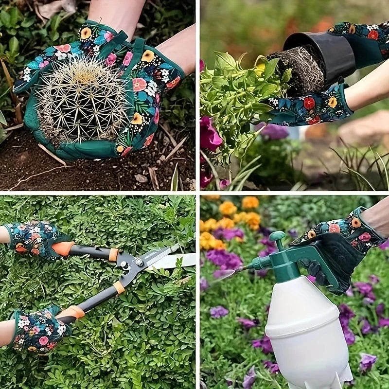 Floral Print Polyester Garden Gloves Breathable Ambidextrous Work